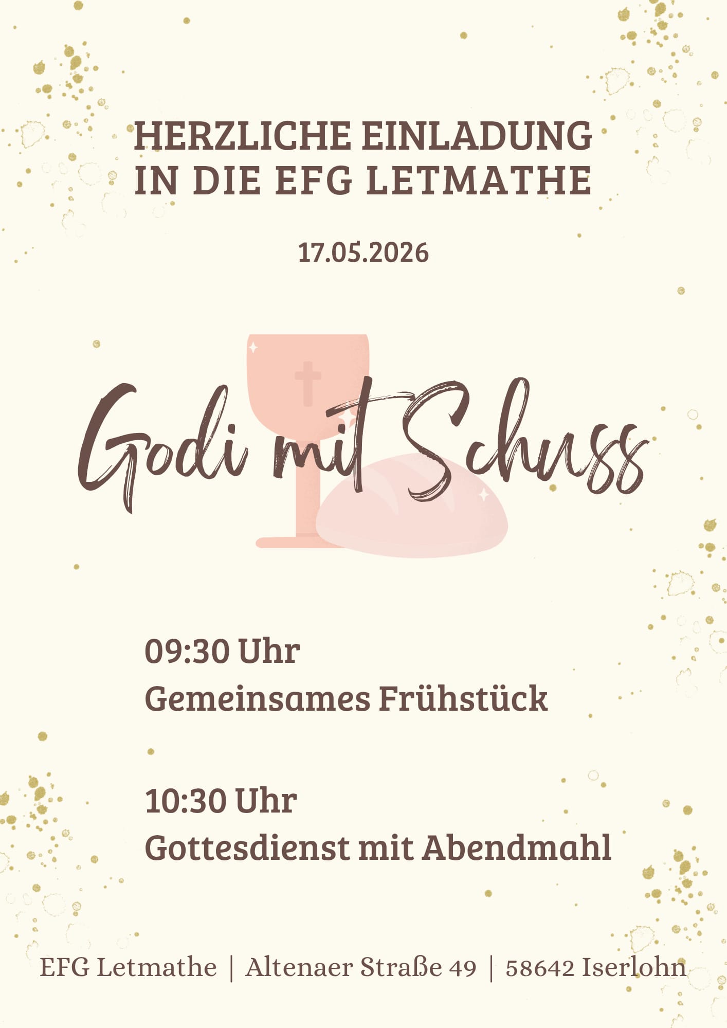 Herzliche Einladung zum Gottesdienst am 17.05.2026, um 10:30 Uhr .. mit Frühstück ab 9:30 Uhr
